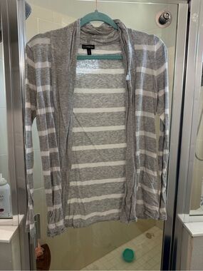 Express Gray and White Striped Open-Front Cardigan